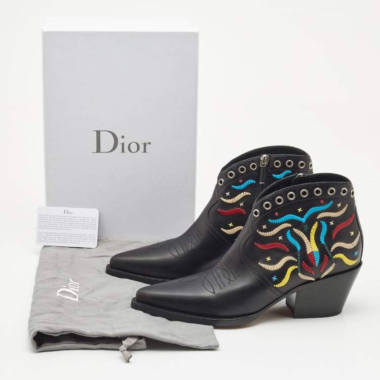 Pre Owned Dior Black Leather Embroidered Cowboy Ankle Boots Size 39