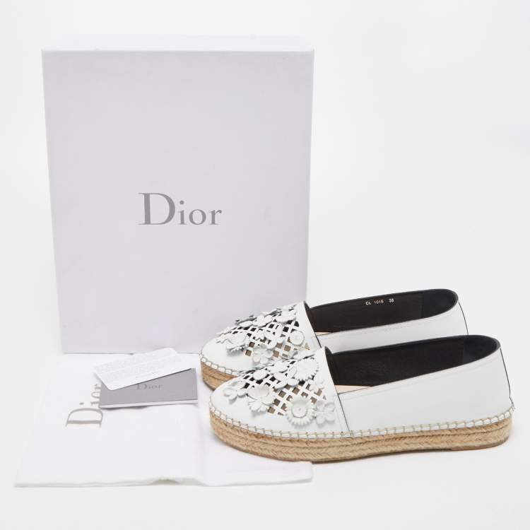 Pre Owned Dior Light Grey Laser Cut Leather Flower Applique Flore Flat Espadrilles Size 38