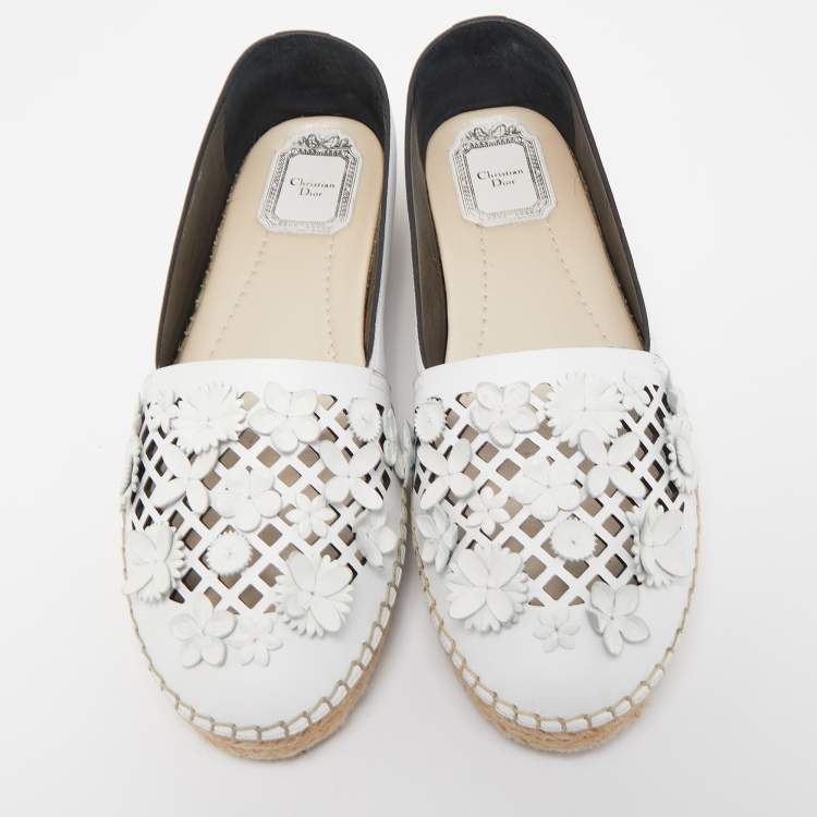 Pre Owned Dior Light Grey Laser Cut Leather Flower Applique Flore Flat Espadrilles Size 38