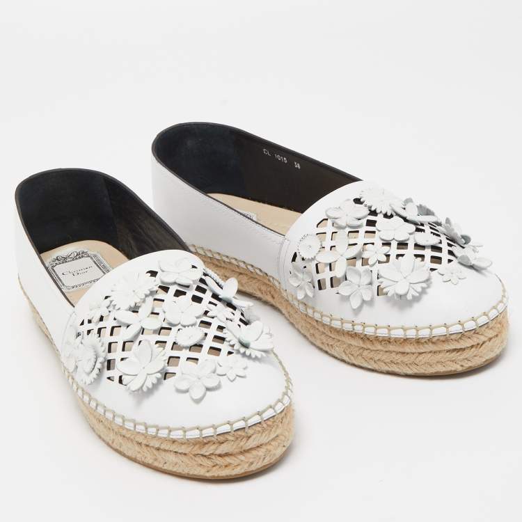 Pre Owned Dior Light Grey Laser Cut Leather Flower Applique Flore Flat Espadrilles Size 38