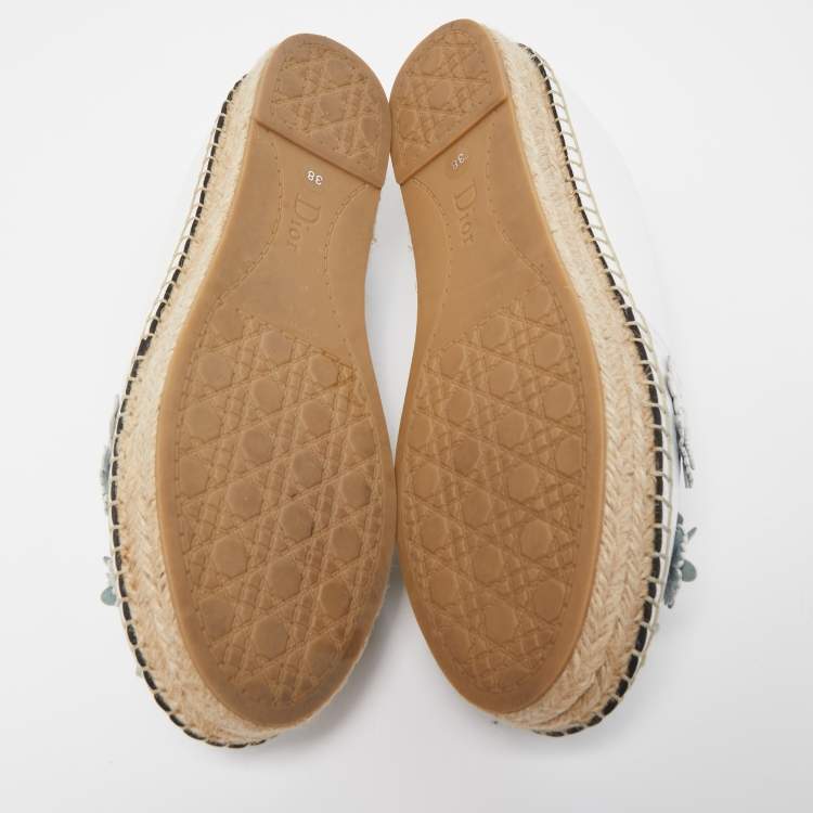 Pre Owned Dior Light Grey Laser Cut Leather Flower Applique Flore Flat Espadrilles Size 38