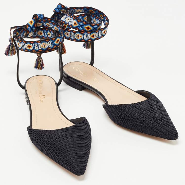 Pre Owned Dior Black Technical Fabric J'adior Pointed Toe Ankle Wrap Flat Sandals Size 37.5
