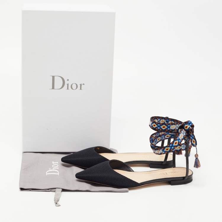 Pre Owned Dior Black Technical Fabric J'adior Pointed Toe Ankle Wrap Flat Sandals Size 37.5