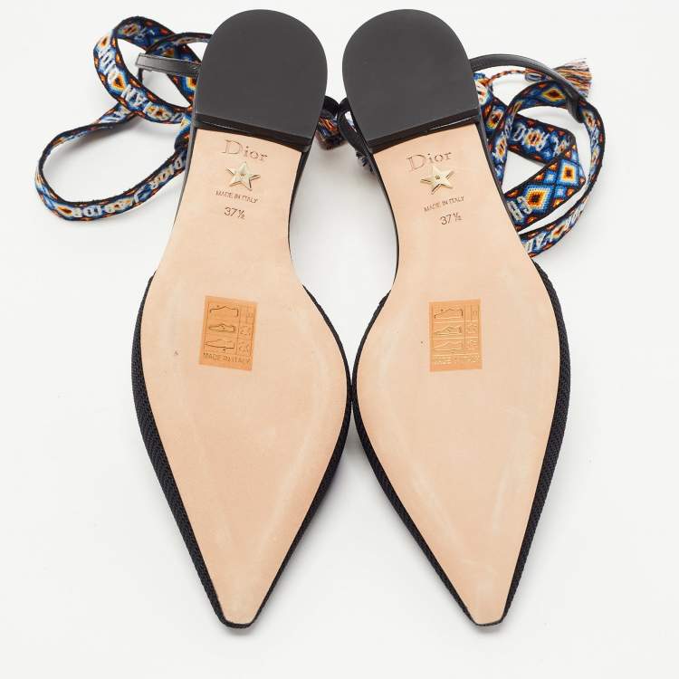 Pre Owned Dior Black Technical Fabric J'adior Pointed Toe Ankle Wrap Flat Sandals Size 37.5