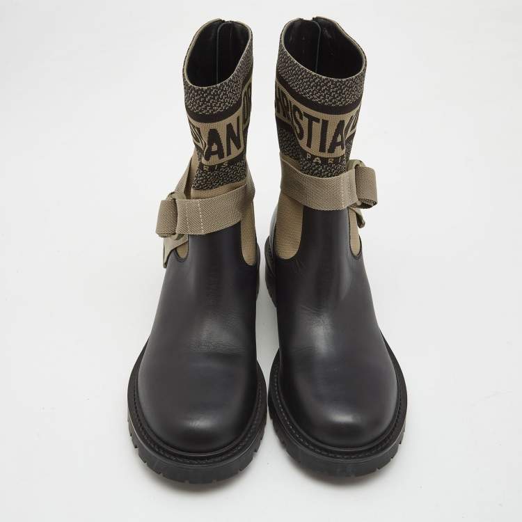 Pre Owned Dior Black/Green Leather and Canvas D-major Ankle Boots Size 39