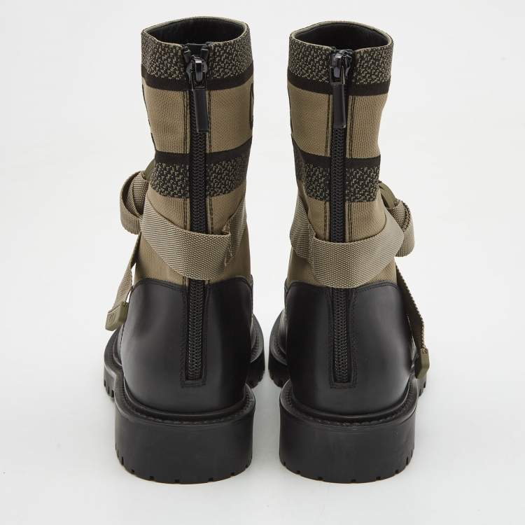 Pre Owned Dior Black/Green Leather and Canvas D-major Ankle Boots Size 39