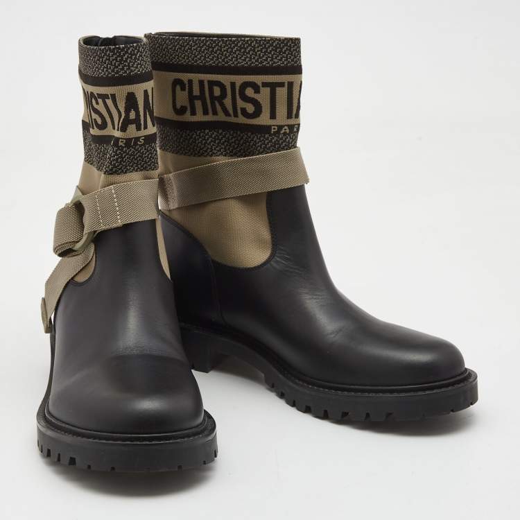 Pre Owned Dior Black/Green Leather and Canvas D-major Ankle Boots Size 39