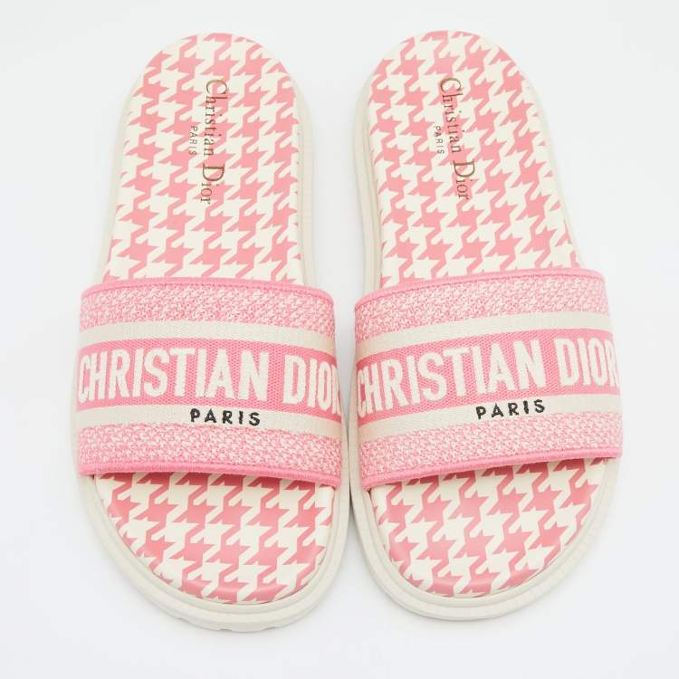 Pre Owned Dior Pink/White Canvas Dway Flat Slides Size 38.5