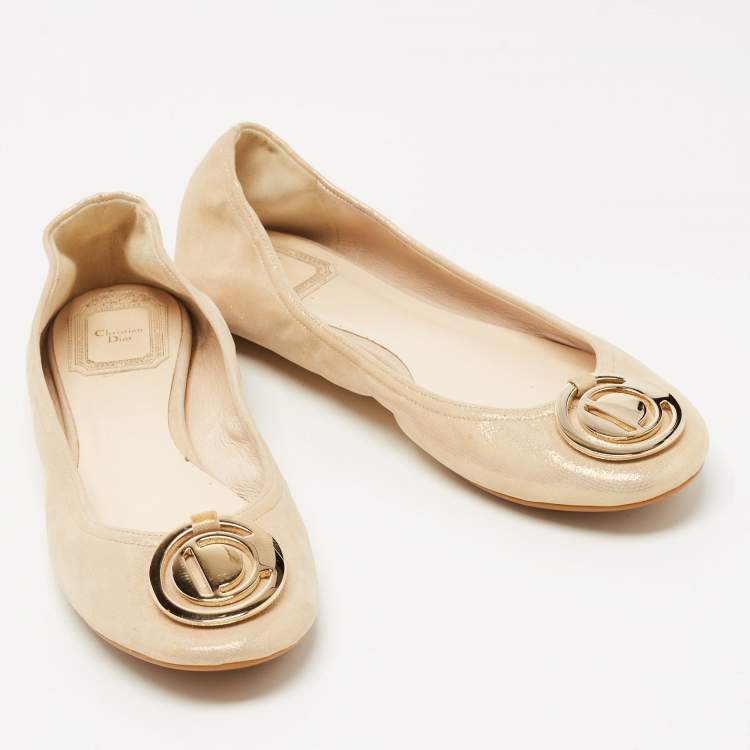 Pre Owned Dior Gold Glitter Suede Scrunch Ballet Flats Size 38