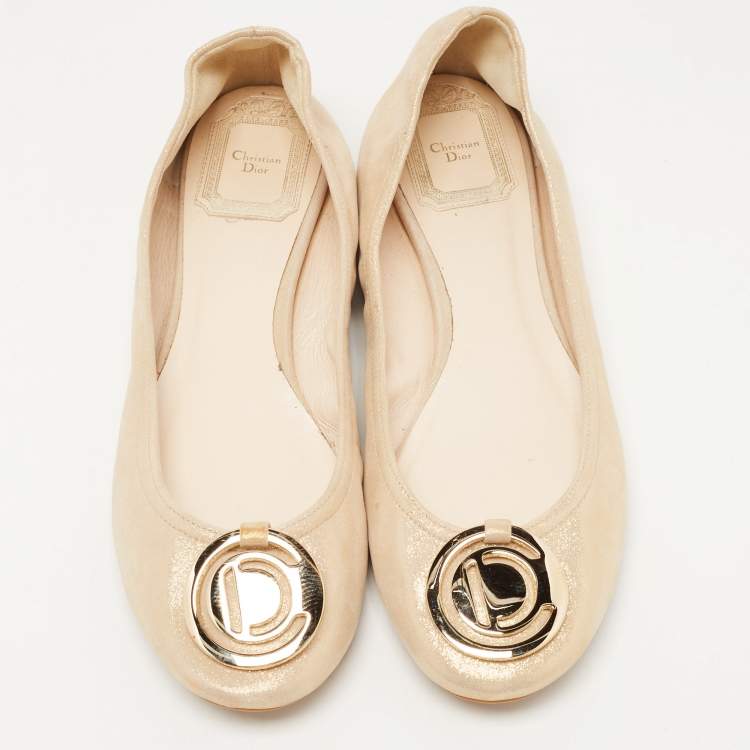 Pre Owned Dior Gold Glitter Suede Scrunch Ballet Flats Size 38