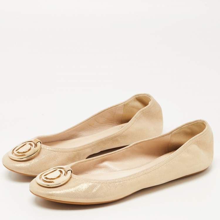 Pre Owned Dior Gold Glitter Suede Scrunch Ballet Flats Size 38