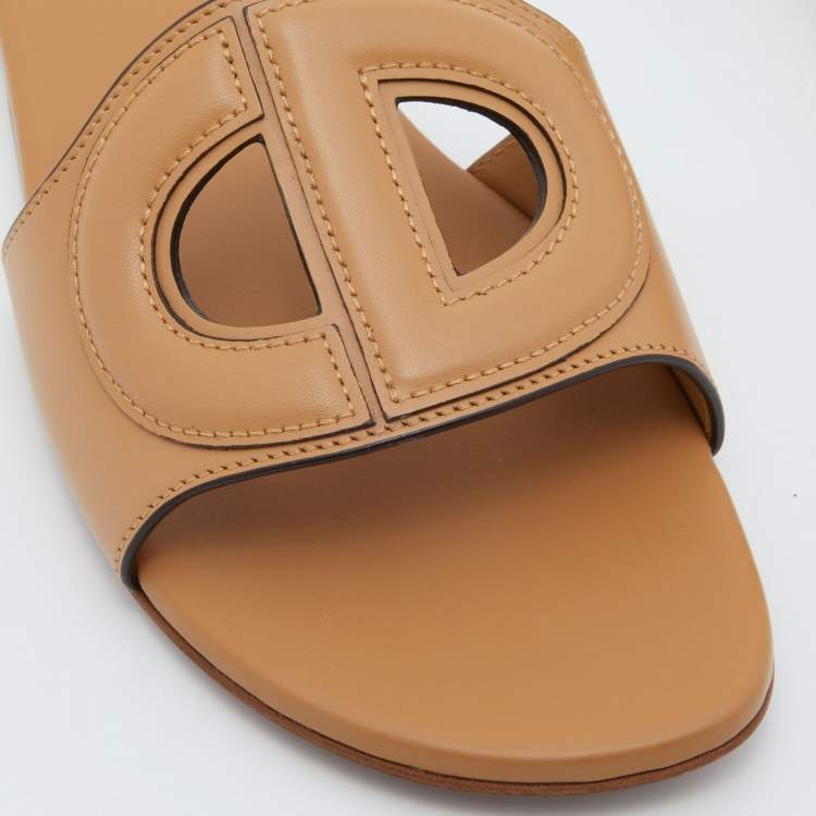 Pre Owned Dior Beige Leather D Club Flat Slides Size 37.5