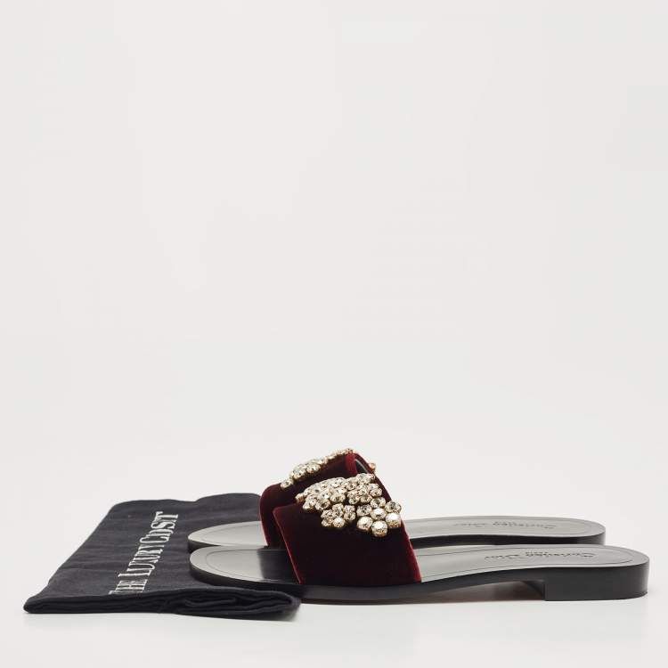 Pre Owned Dior Burgundy Velvet Crystal Embellishment Flat Slides Size 39