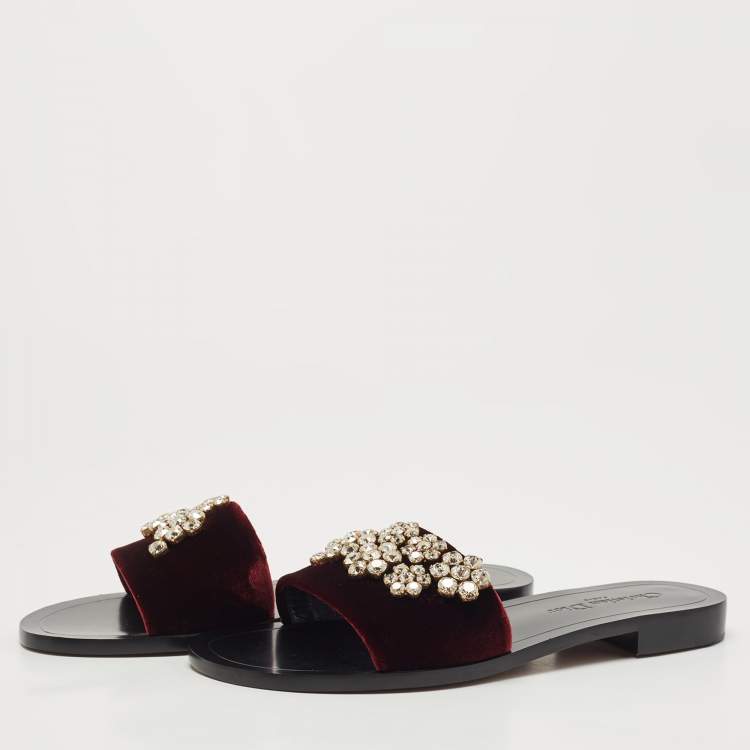Pre Owned Dior Burgundy Velvet Crystal Embellishment Flat Slides Size 39