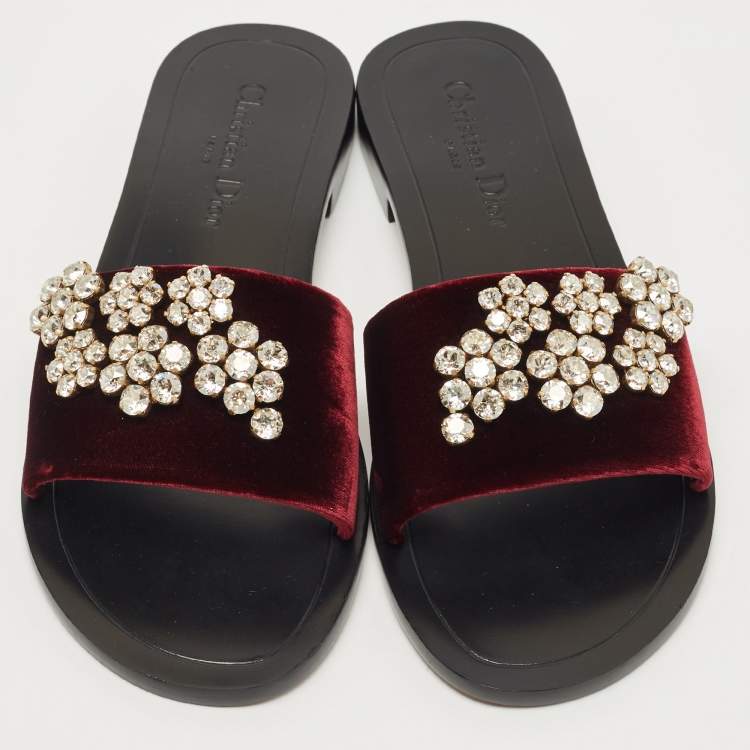 Pre Owned Dior Burgundy Velvet Crystal Embellishment Flat Slides Size 39