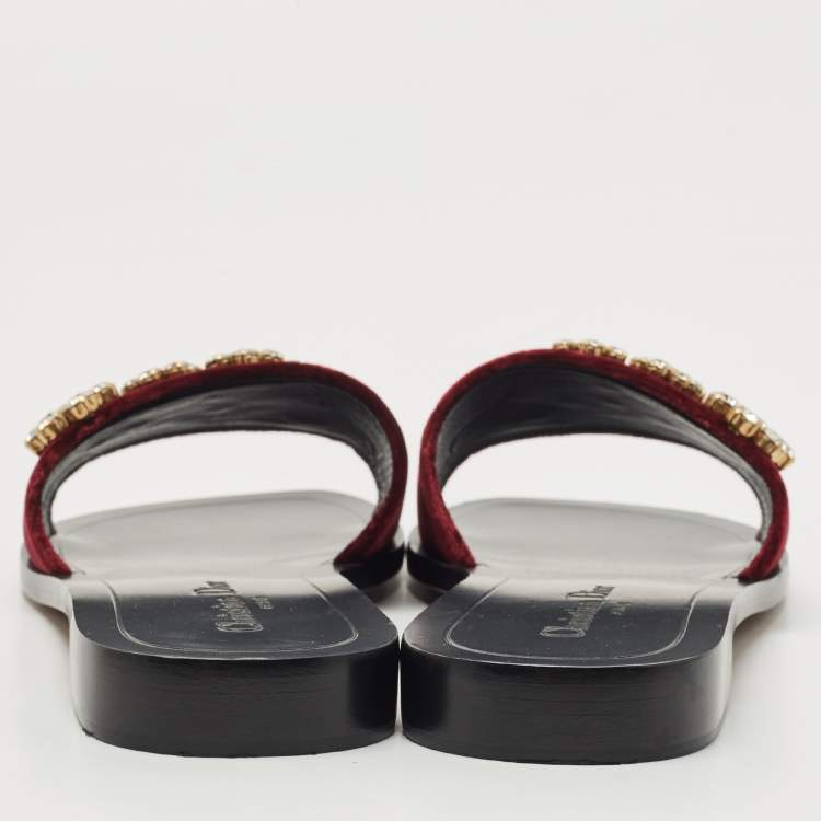 Pre Owned Dior Burgundy Velvet Crystal Embellishment Flat Slides Size 39