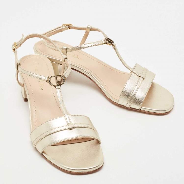 Pre Owned Dior Metallic Gold Leather T Strap Sandals Size 36.5
