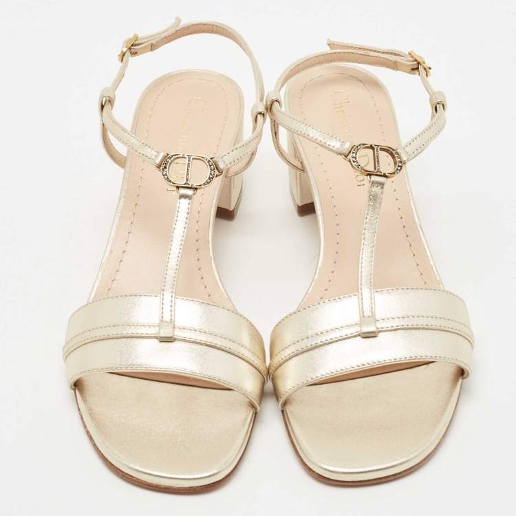 Pre Owned Dior Metallic Gold Leather T Strap Sandals Size 36.5
