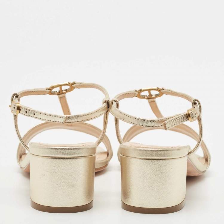 Pre Owned Dior Metallic Gold Leather T Strap Sandals Size 36.5