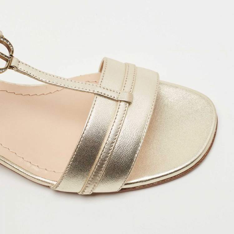 Pre Owned Dior Metallic Gold Leather T Strap Sandals Size 36.5