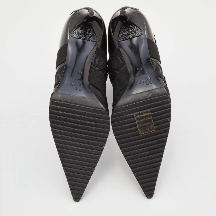 Pre Owned Dior Black Leather and Elastic Logo Strap And Buckle Embellished Pointed Toe Ankle Boots Size 39.5