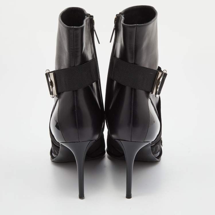 Pre Owned Dior Black Leather and Elastic Logo Strap And Buckle Embellished Pointed Toe Ankle Boots Size 39.5