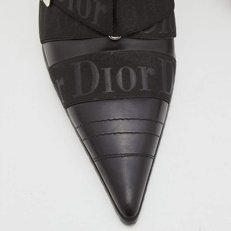 Pre Owned Dior Black Leather and Elastic Logo Strap And Buckle Embellished Pointed Toe Ankle Boots Size 39.5