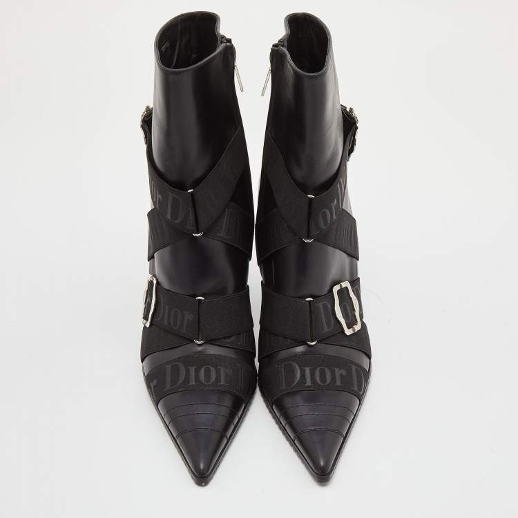 Pre Owned Dior Black Leather and Elastic Logo Strap And Buckle Embellished Pointed Toe Ankle Boots Size 39.5