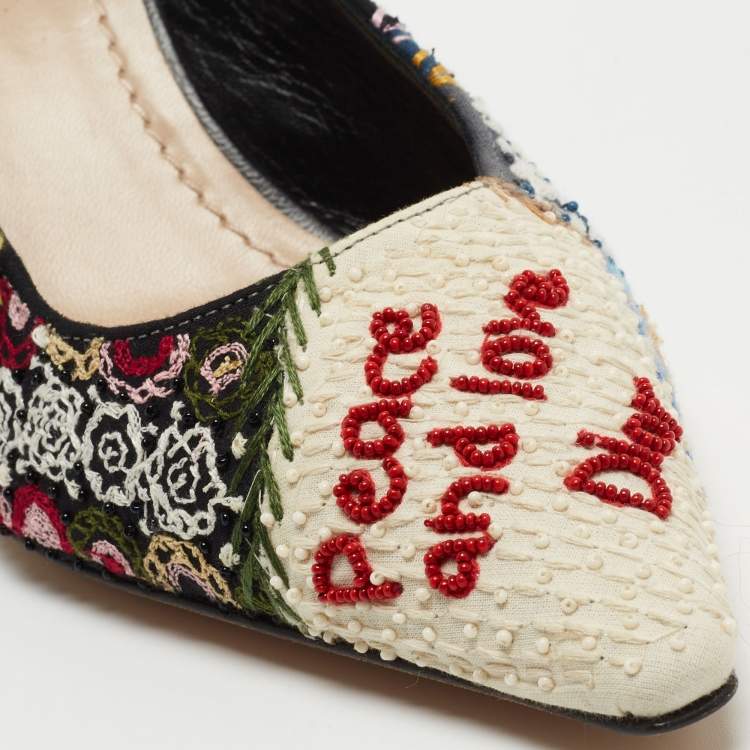 Pre Owned Dior Multicolor Fabric and Leather Embellished Slingback Pumps Size 37