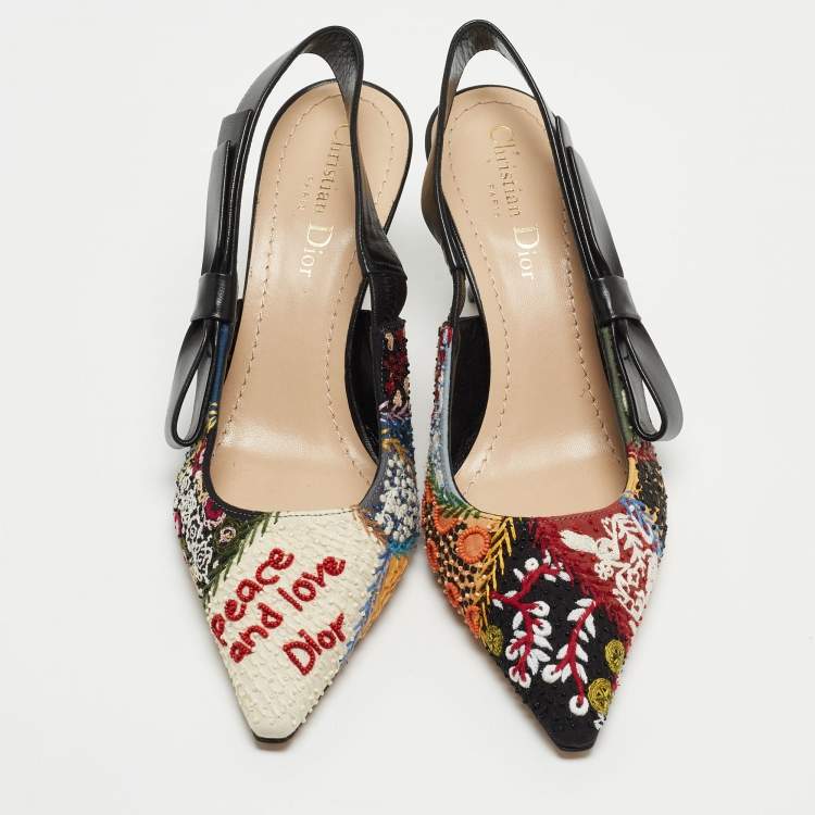 Pre Owned Dior Multicolor Fabric and Leather Embellished Slingback Pumps Size 37
