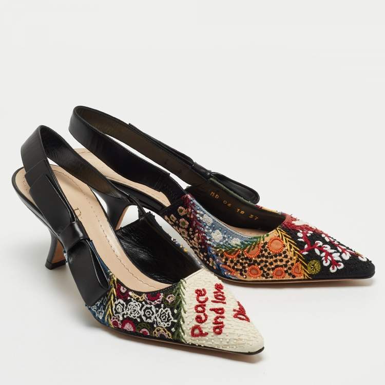 Pre Owned Dior Multicolor Fabric and Leather Embellished Slingback Pumps Size 37