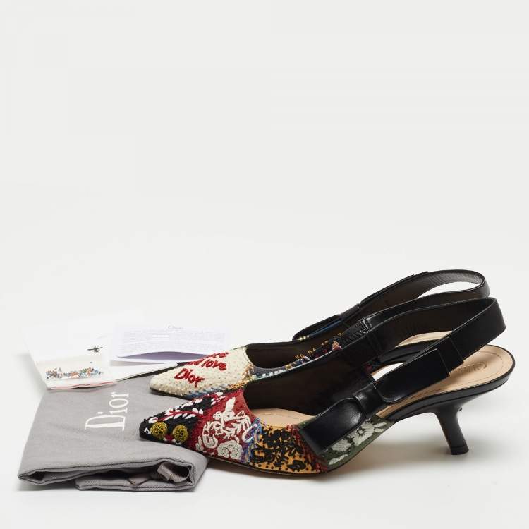 Pre Owned Dior Multicolor Fabric and Leather Embellished Slingback Pumps Size 37