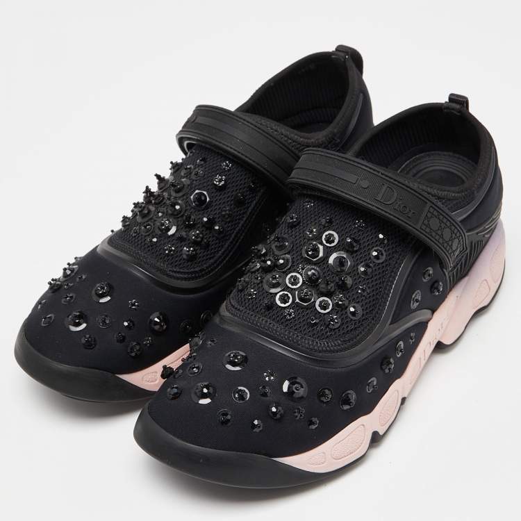 Pre Owned Dior Black Embellished Fabric and Mesh Fusion Sneakers Size 40