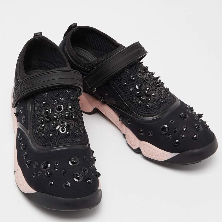 Pre Owned Dior Black Embellished Fabric and Mesh Fusion Sneakers Size 40