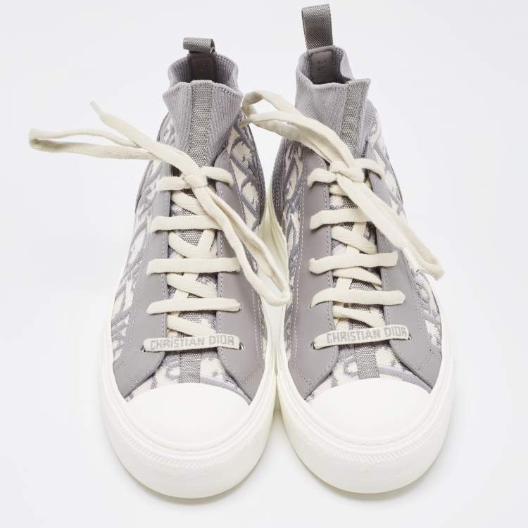 Pre Owned Dior Grey/White Knit Fabric And Leather Walk'n'Dior High-Top Sneakers Size 36.5