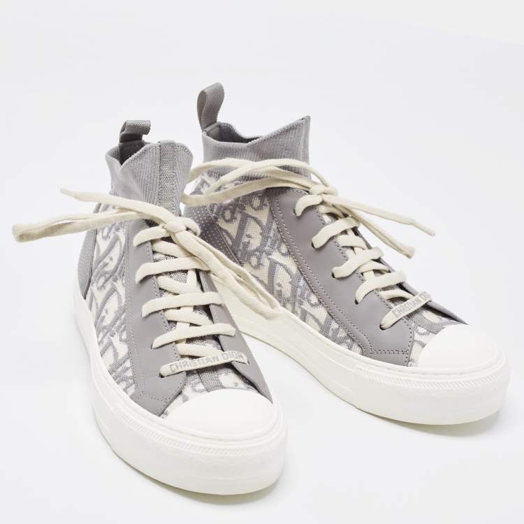 Pre Owned Dior Grey/White Knit Fabric And Leather Walk'n'Dior High-Top Sneakers Size 36.5