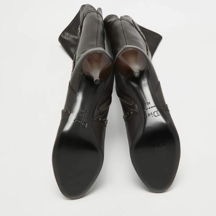 Pre Owned Dior Brown Leather Embellished Knee Length Boots Size 39.5