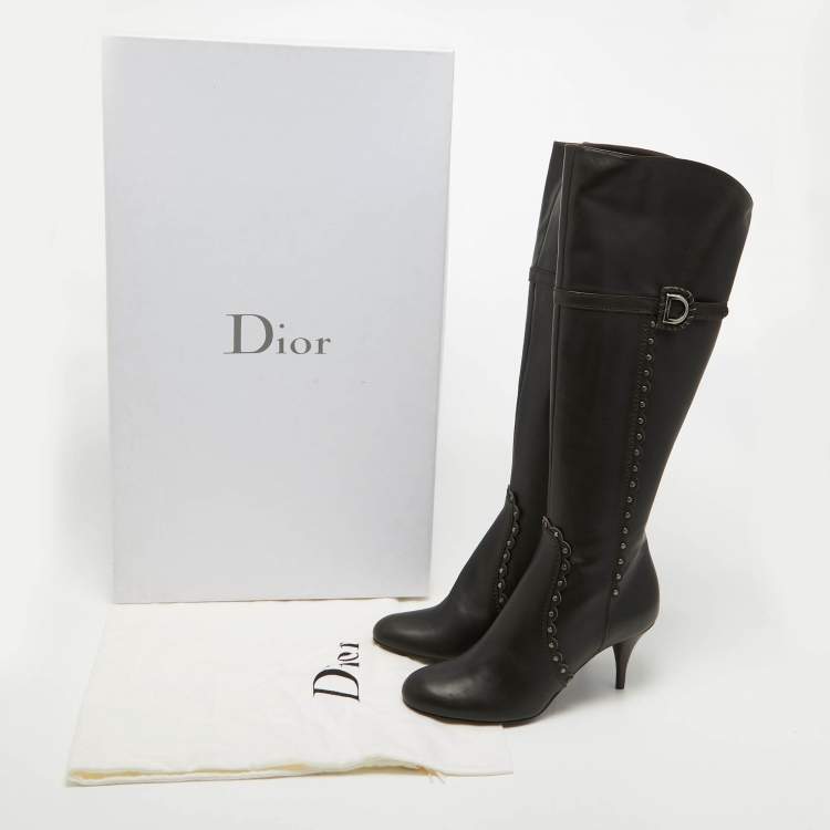 Pre Owned Dior Brown Leather Embellished Knee Length Boots Size 39.5