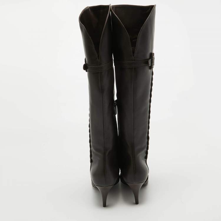 Pre Owned Dior Brown Leather Embellished Knee Length Boots Size 39.5