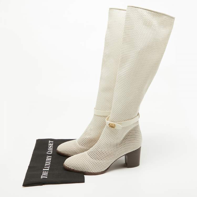 Pre Owned Dior Cream Mesh and Leather Knee Length Boots Size 39