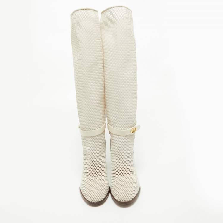 Pre Owned Dior Cream Mesh and Leather Knee Length Boots Size 39