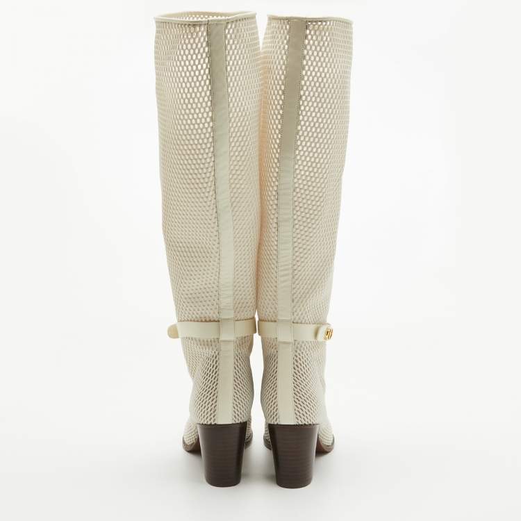 Pre Owned Dior Cream Mesh and Leather Knee Length Boots Size 39