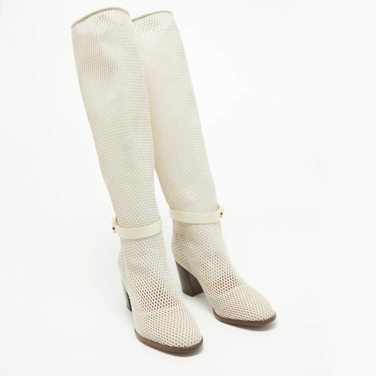 Pre Owned Dior Cream Mesh and Leather Knee Length Boots Size 39