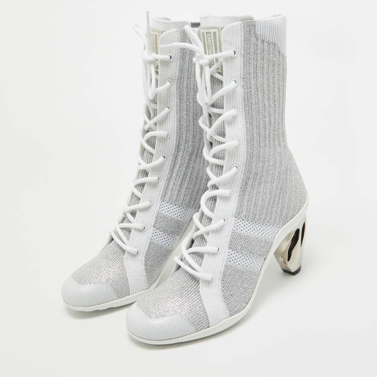 Pre Owned Dior Silver Knit Fabric D-Zenith Ankle Boots Size 37.5