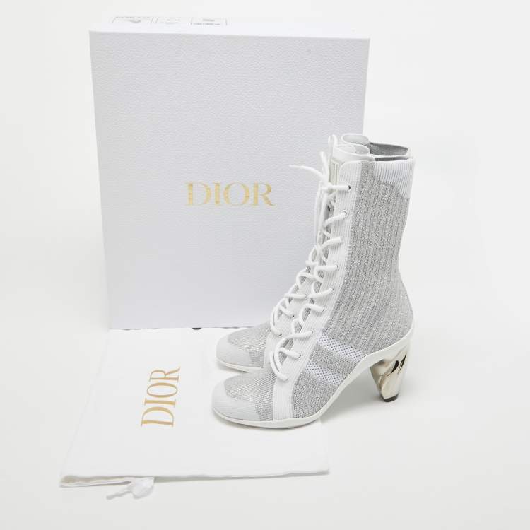 Pre Owned Dior Silver Knit Fabric D-Zenith Ankle Boots Size 37.5