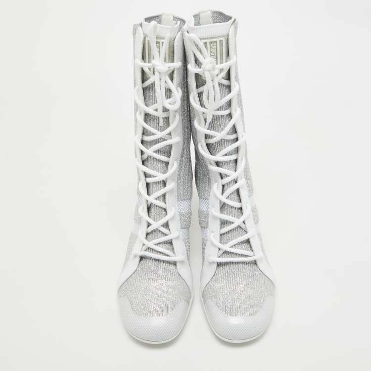 Pre Owned Dior Silver Knit Fabric D-Zenith Ankle Boots Size 37.5