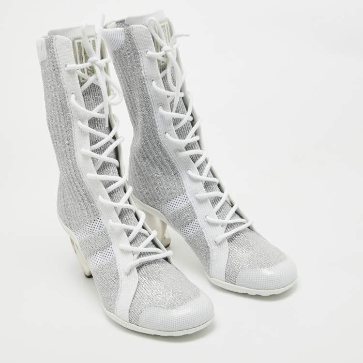 Pre Owned Dior Silver Knit Fabric D-Zenith Ankle Boots Size 37.5