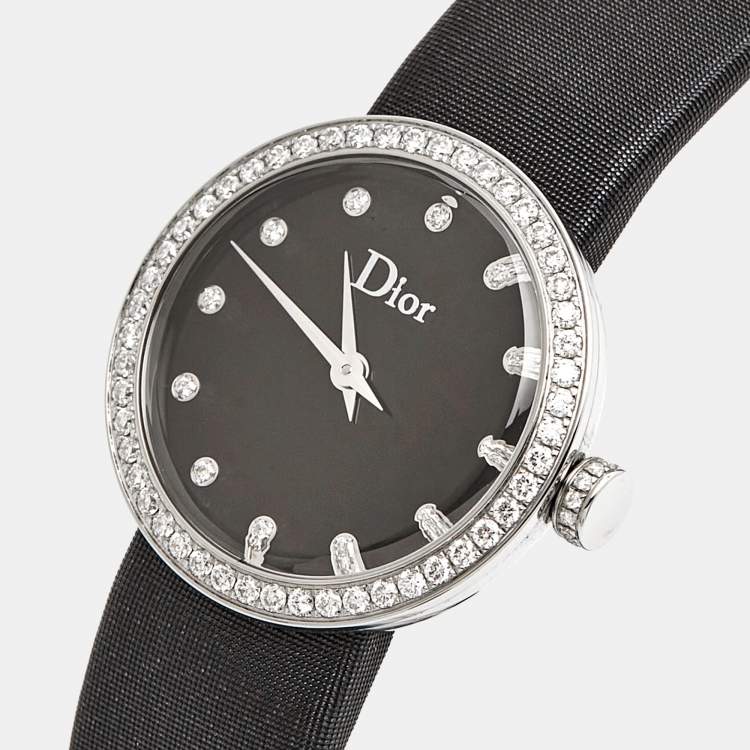 Pre Owned Dior Black Stainless Steel Diamond Satin La D De Dior CD043114A002 Women Wristwatch 25 mm