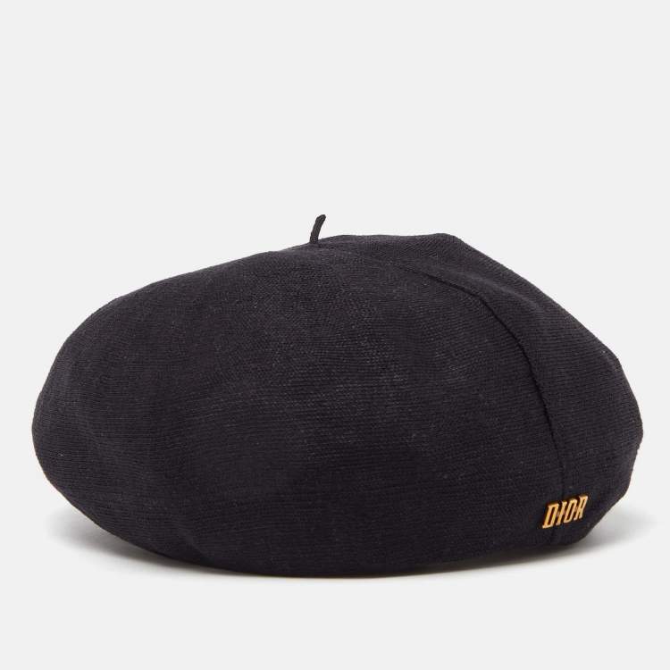 Pre Owned Dior Black Logo Detail Linen Beret Hat