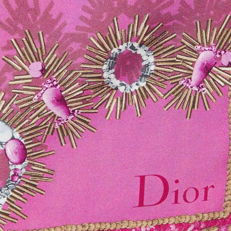 Pre Owned Dior Pink Jewel & Animal Grid Print Silk Scarf